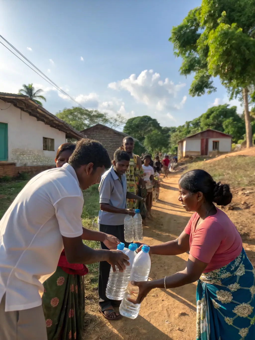 An image of volunteers setting up a water station at a 'Courir Pour La Vie' trail run, highlighting the community support and organization behind the events. The focus is on the volunteers' dedication and the well-prepared course.