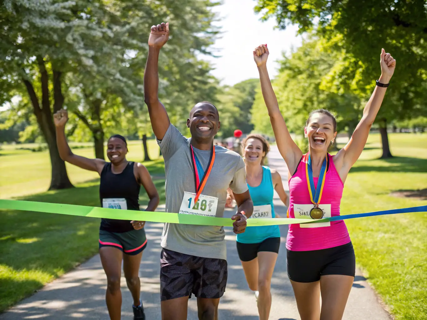 An image depicting a group of people celebrating after completing a COURIR POUR LA VIE event, emphasizing the sense of accomplishment and community support.