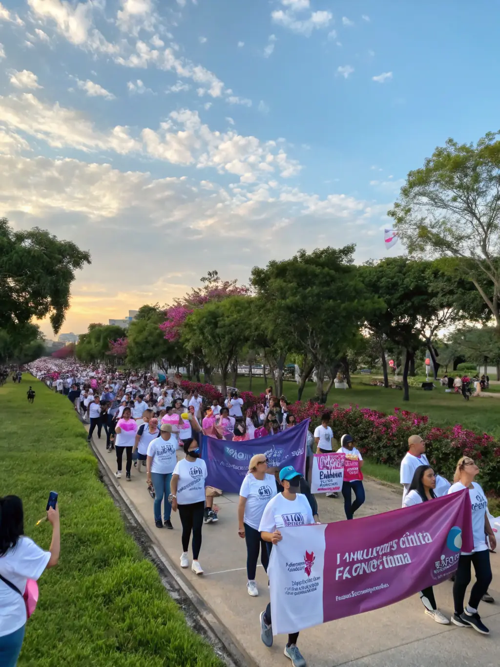 A photo of COURIR POUR LA VIE volunteers presenting a check to a cancer research organization, demonstrating the direct impact of the fundraising efforts.