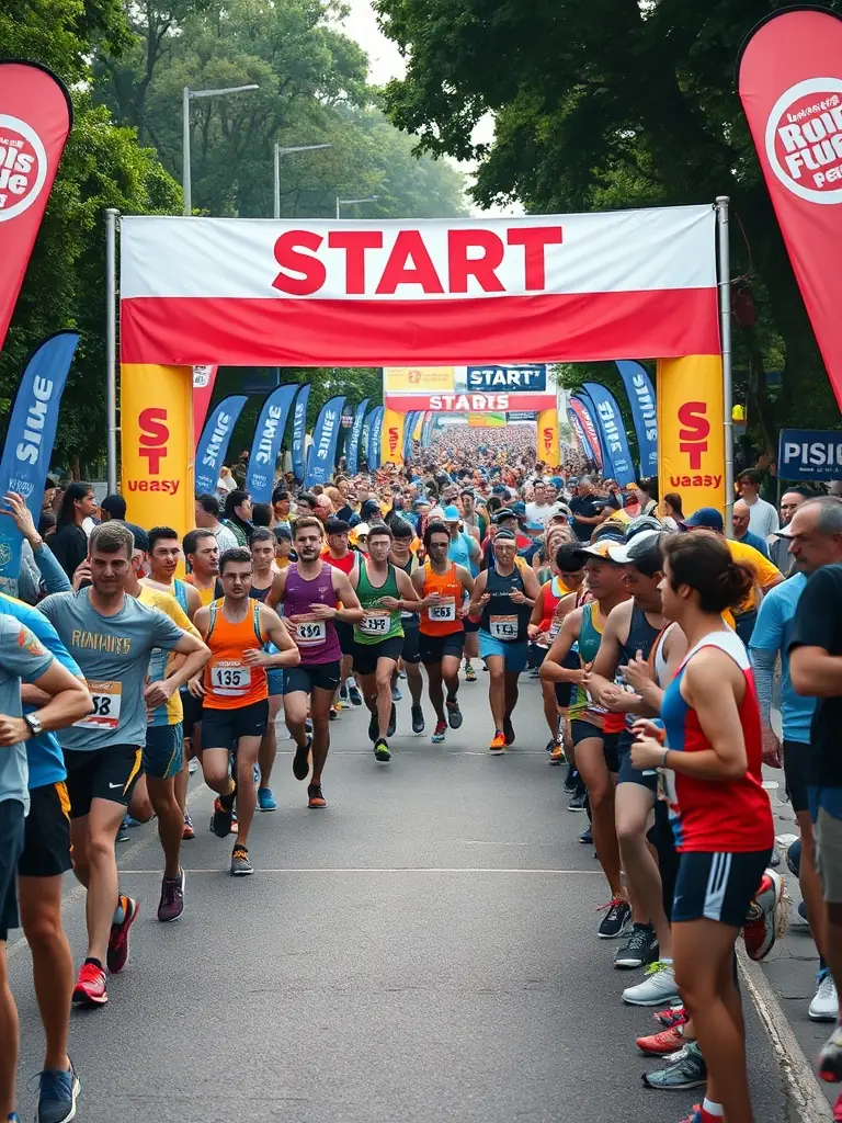 A vibrant photograph capturing the start of a 'Courir Pour La Vie' 5k race, showcasing runners of all ages and abilities setting off with enthusiasm. The background features the scenic French countryside, emphasizing the event's location and community spirit.