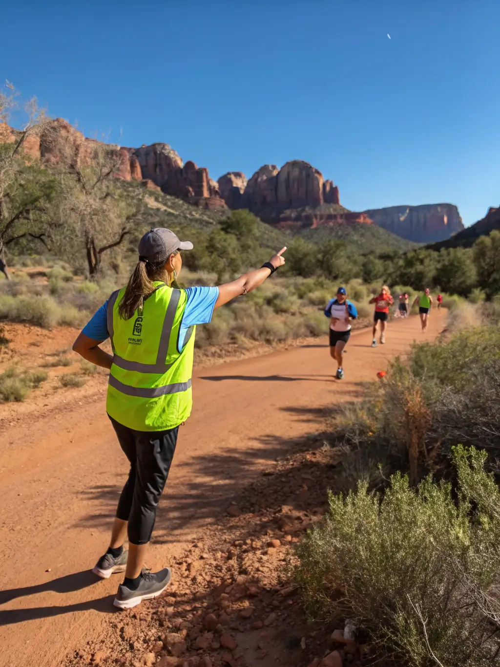 Volunteers assisting participants during a trail running event, emphasizing the support and inclusivity of COURIR POUR LA VIE's activities.