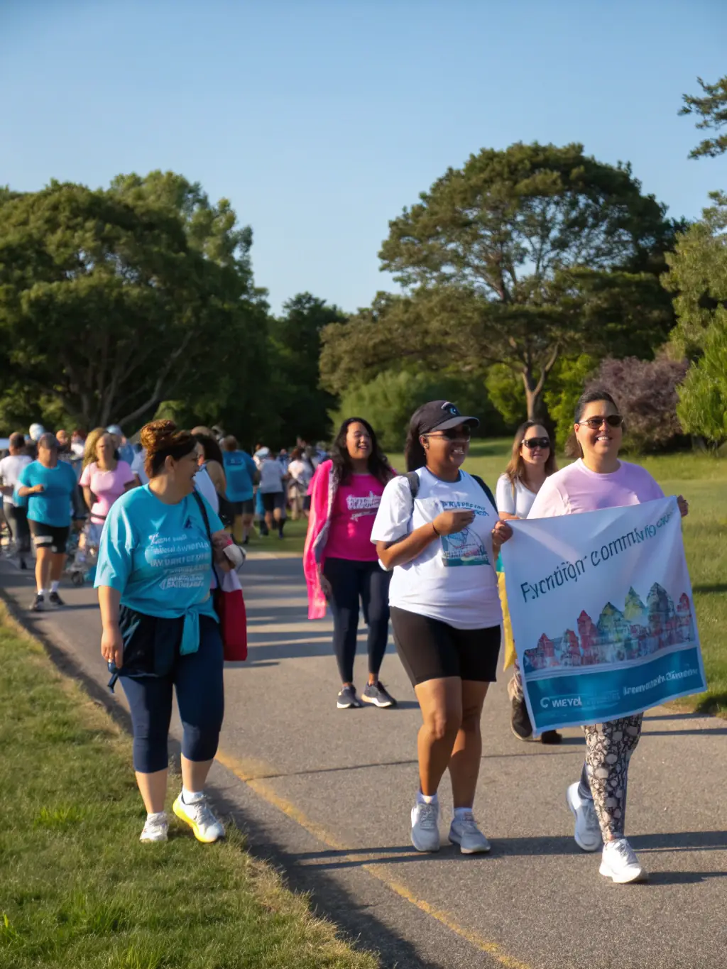 A group of participants walking together during a 'Courir Pour La Vie' fundraising walk, demonstrating the inclusive nature of the events and the sense of camaraderie among participants. The image conveys a message of unity and support.